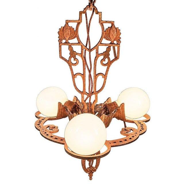 Art Deco 1925 Art Deco Brass Three Light "Winthrop" Circular Chandelier by Virden For Sale - Image 3 of 9