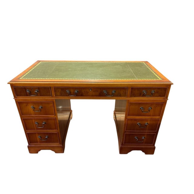 Vintage English Style Pedestal Desk with Green Leather Top For Sale - Image 5 of 5
