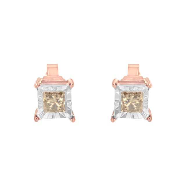 Contemporary 14K Rose Gold Plated Two-Tone .925 Sterling Silver 1/2 Cttw Princess-Cut Square Diamond Solitaire Miracle-Plate Stud Earrings K-L Color, I2-I3 Clarity For Sale - Image 3 of 6
