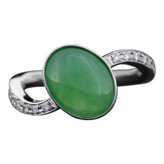 1990s Gia Certified Type a Fei Cui Green Jade and Diamond Platinum Natural Jadeite Ring Size 7.75 For Sale