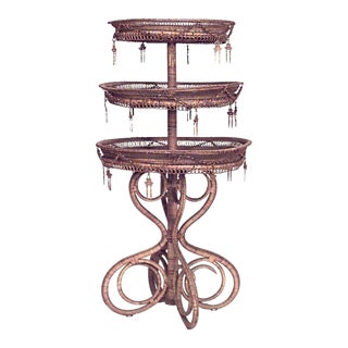 French Victorian Natural Wicker 3-Tier Table For Sale