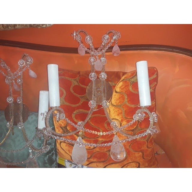 Vintage Grand Scale & Luxe Louis XVI Manor Style Pink Quartz With All Rock Crystal Wall Sconces by Dennis & Leen a - Pair For Sale In Miami - Image 6 of 12