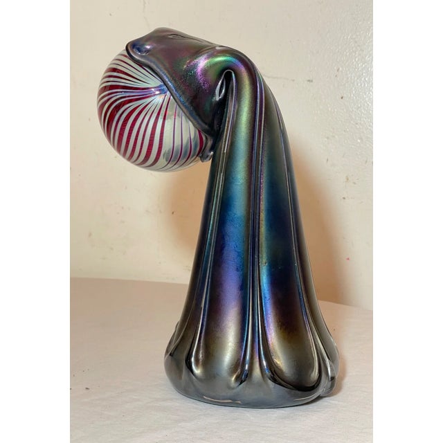 1980s Rare Hand Blown Aurene Iridescent Rainbow Glass Vase Holding Sphere Sculpture For Sale In New York - Image 6 of 16