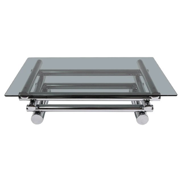 Mid-Century Smoked Glass and Chrome-Plated Tubular Coffee Table in the Style of Paul Mayen, 1970s For Sale