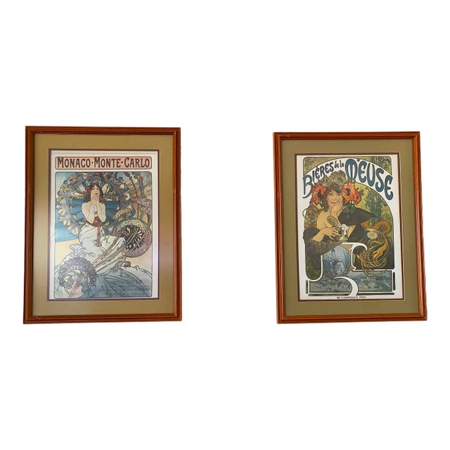 Vintage Alphonse Mucha Framed Posters - Bières De La Meuse & Monaco-Monte Carlo (Pre-1977) - a Pair For Sale