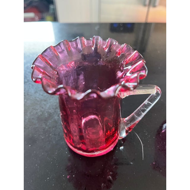 Farmhouse Vintage Cranberry Pilgram Glass Milk Mini Pitchers - Pair For Sale - Image 3 of 4