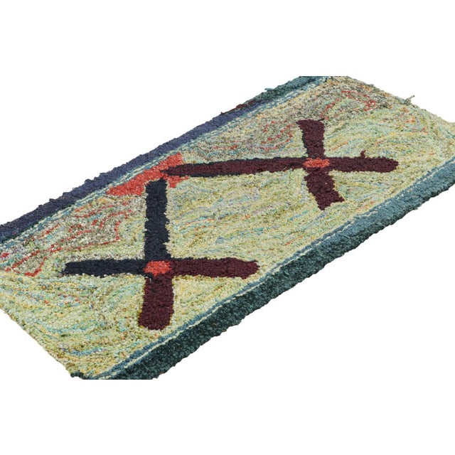 Rug & Kilim Antique Hooked With Geometric Patterns Over Green and Green Tones | Rug & Kilim For Sale - Image 4 of 7