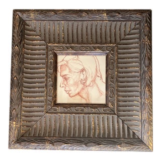 1970’s Original Sepia Pastel Portrait Drawing Chunky Gold Frame For Sale