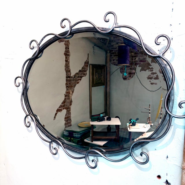 Hollywood Regency Vintage Wrought Iron Scrollwork Oval Wall Mirror For Sale - Image 3 of 11