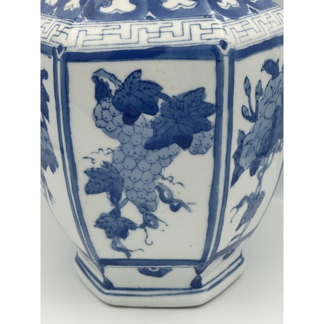 Mid 20th Century Vintage Chinoiserie Blue & White Hexagonal Porcelain Vase – Hand Painted Floral Panels For Sale - Image 5 of 8