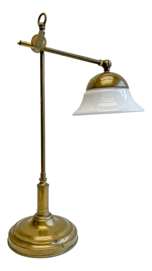 French Brass Adjustable Desk Lamp with Opaline Glass Shade, 1950s
