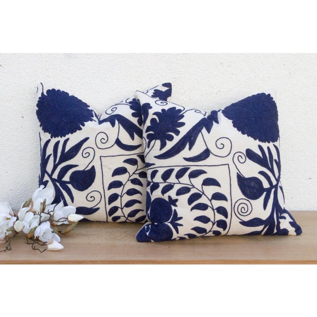 Blue Silk Road Blue & White Suzani Pillow, a Pair For Sale - Image 8 of 8
