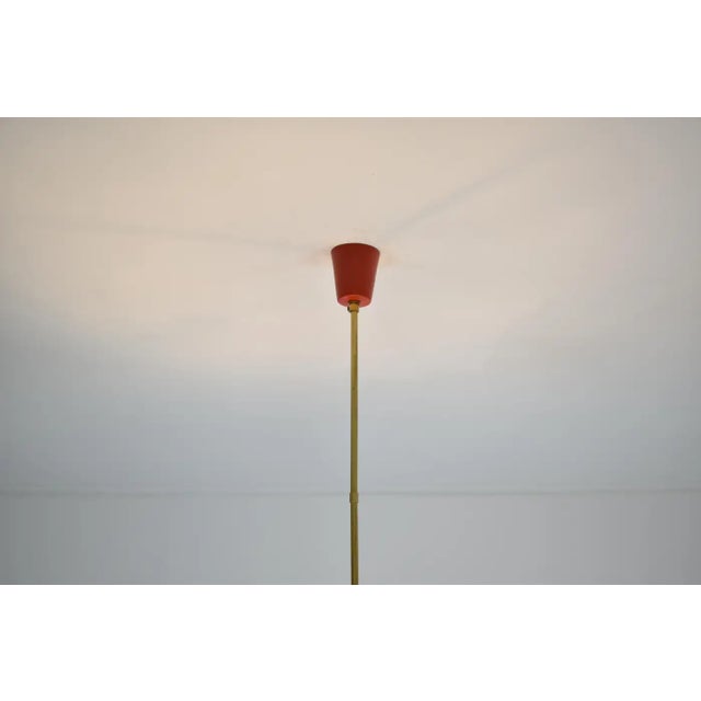 1950s Stilnovo-Style Pendant in Brass, Red Lacquer & Opaline Glass For Sale - Image 9 of 12