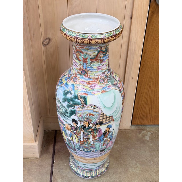 Chinese Mid 20th Century Large Chinese Famille Rose Porcelain Floor Vase With Courtly Scenes For Sale - Image 3 of 6