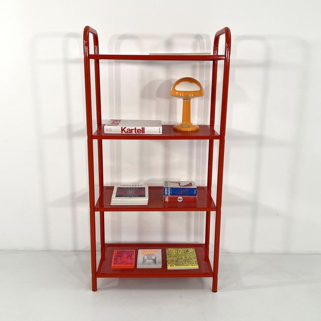 Postmodern Red Standing Shelf in Perforated Metal, 1980s For Sale - Image 3 of 8