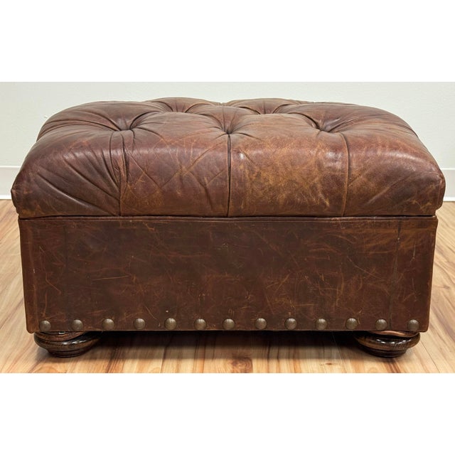 Vintage Restoration Hardware Leather Churchill Cigar Chair and Ottoman With Nailheads For Sale - Image 14 of 18