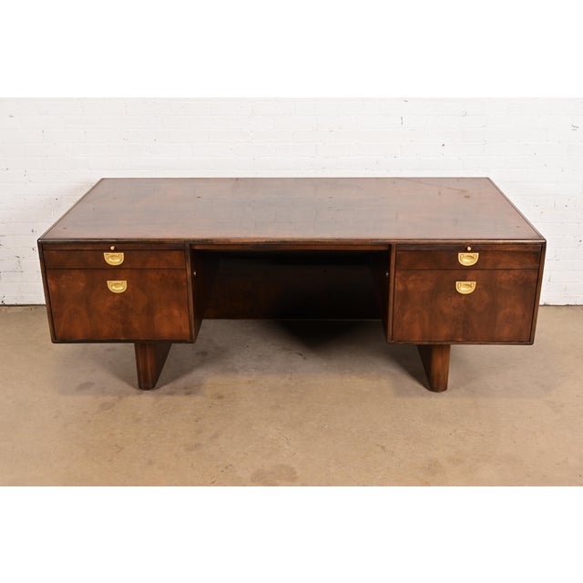 Mid-Century Modern Romweber Mid-Century Modern Hollywood Regency Burl Wood and Brass Executive Desk, Circa 1970s For Sale - Image 3 of 12