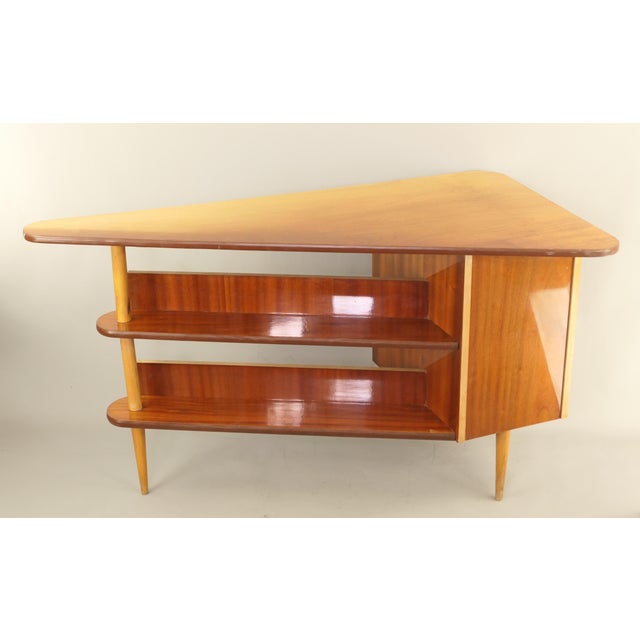 Wood Freestanding Triangular Desk with Drawers and Shelves, 1960s For Sale - Image 7 of 15