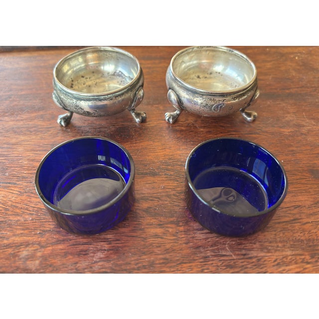 Silver Antique Sterling Silver Figural Bird Salt and Pepper Shakers With Cobalt Glass Salt Cellers - Phillp H. Stevens - 4pcs For Sale - Image 8 of 14