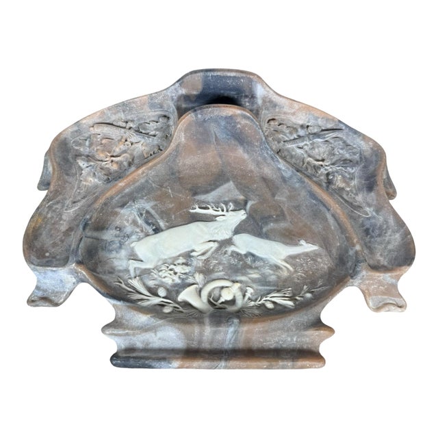 Vintage Incolay Stone Desk Organizer - Deer Hunting Scene - Rustic Forest For Sale