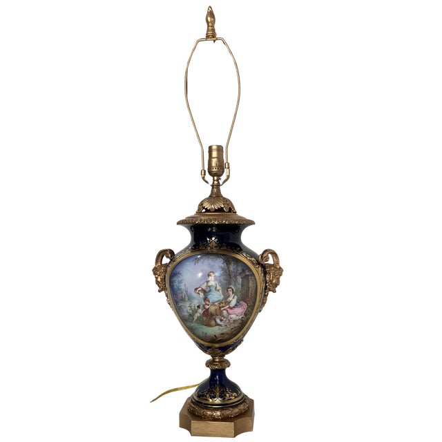 Antique Sevres Style Bronze Ormolu Têtes De Satyres Cobalt Blue Porcelain Table Lamp For Sale - Image 10 of 18