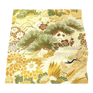 Mid Century Japanese Obi for Kimono Hand Woven Crane and Pine Tree Silk Brocade Fabric