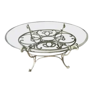 1980s Vintage Iron Fleur De Lis Silver Painted Oval Coffee Table With Glass Top