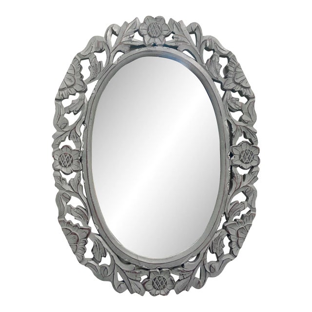 Hand-Carved Indonesian Style Oval Mirror in Grey For Sale