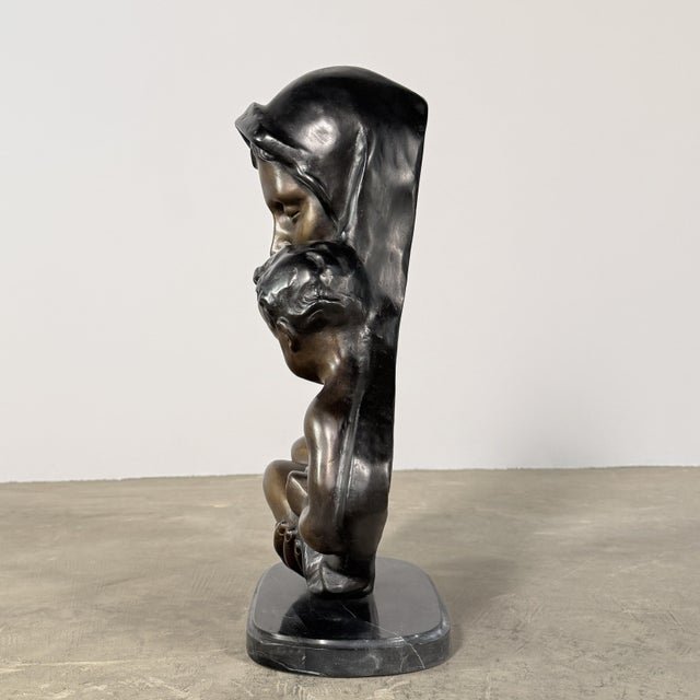 Neoclassical Bronze Madonna Mary and Child Relief Sculpture on Marble Base, 20” H – Wall-Mountable For Sale - Image 3 of 6
