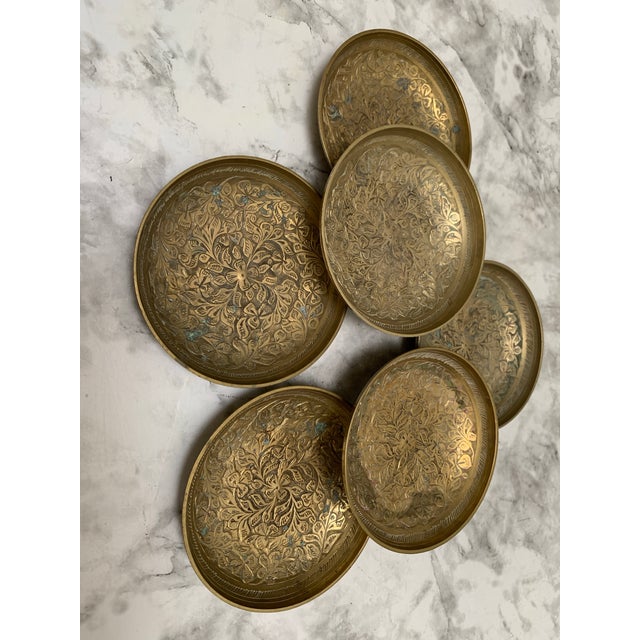 Indian Vintage Etched Bohemian Brass Spice Trays or Coasters, Set of Six For Sale - Image 3 of 8