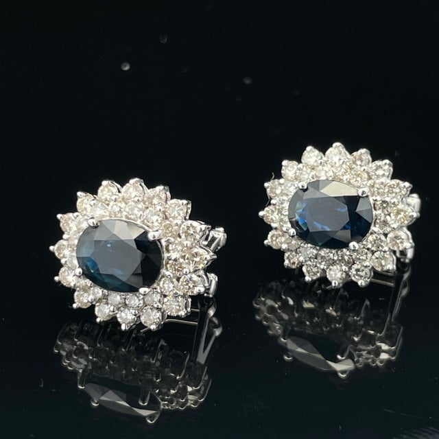 Blue 14k White Gold Blue Sapphire and Diamond Double Halo Earrings, A Pair For Sale - Image 8 of 10