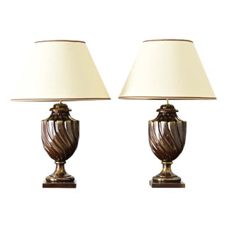 French Pair of Vintage Heavy Brass Urn Table Lamps For Sale