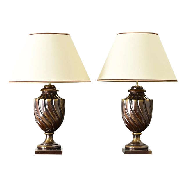 French Pair of Vintage Heavy Brass Urn Table Lamps For Sale