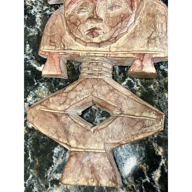 Mid 20th Century Mid 20th Century Pair of Hand-Carved, African, Wooden, Tribal Figures With Unique Faces, Headdresses, and Metal Ornamentation For Sale - Image 5 of 11