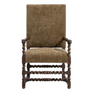 19th Century Louis XIII Style Wooden Throne Chair with Upholstery Mustard For Sale