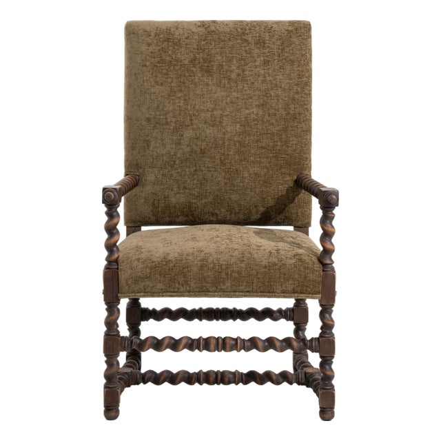 19th Century Louis XIII Style Wooden Throne Chair with Upholstery Mustard For Sale