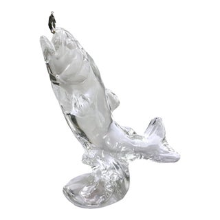 Crystal Leaping Trout Sculpture With Bronze Fishing Lure For Sale