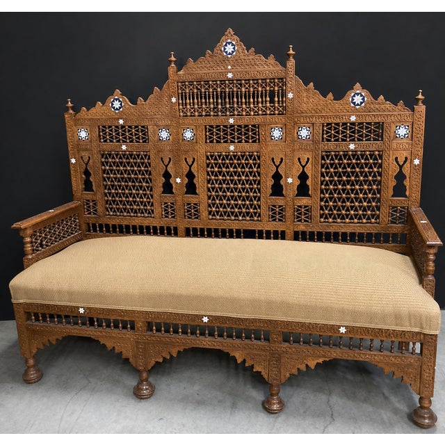 Brown Early 20th Century Middle Eastern Carved Walnut Mashrabiya Settee, 1920s–1930s For Sale - Image 8 of 14
