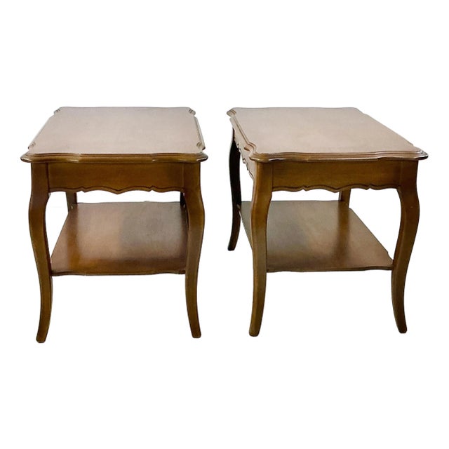 1950s Vintage Bassett French Provincial Maple 2-Tier Side Tables - A Pair. For Sale