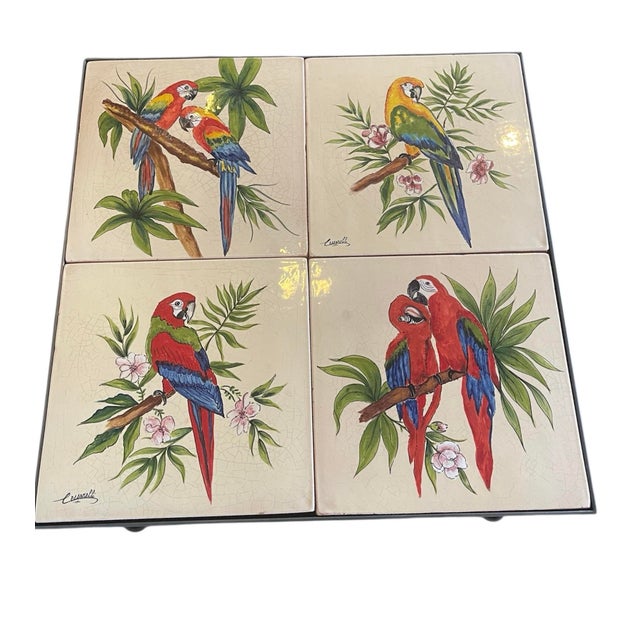 Italian Contemporary Hand-Painted Ceramic Tile Parrot Bistro Table For Sale - Image 4 of 12
