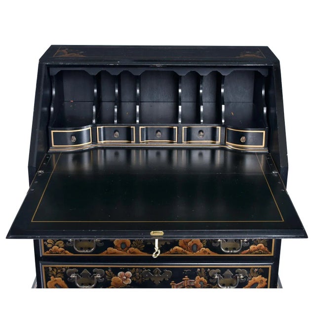 Martin Maddox Black Lacquer Hand Painted Asian Chinoiserie Black Lacquer Secretary Writing Desk For Sale - Image 4 of 16