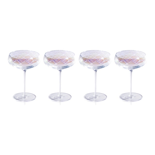 2020s Audrey 4-Piece Set Hand Etched Coupe Glasses, Clear Luster For Sale - Image 5 of 5