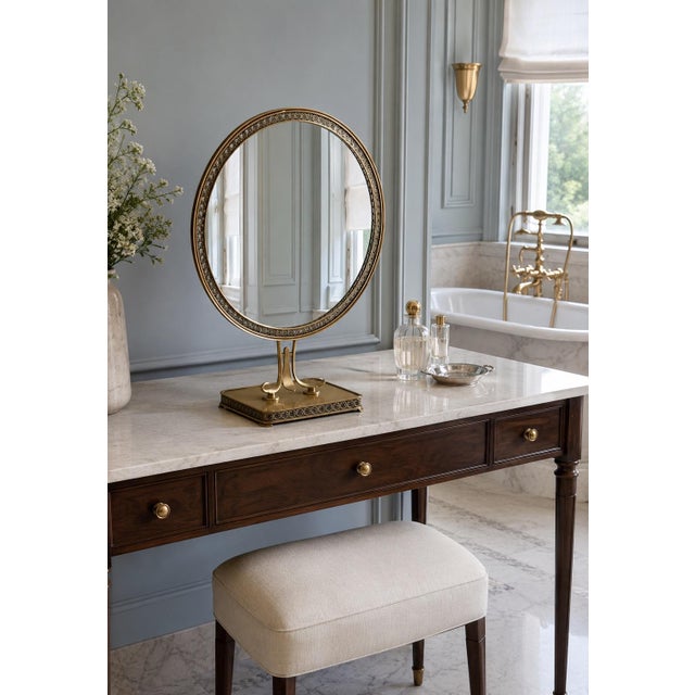 Wood Large 1950s Italian Brass Vanity Mirror With Pierced Star Border & Scroll Base, 22″ For Sale - Image 7 of 7