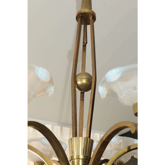 Early 20th Century Vintage Petitot Brass Chandelier With Waterfall Opaline Shades For Sale - Image 5 of 9