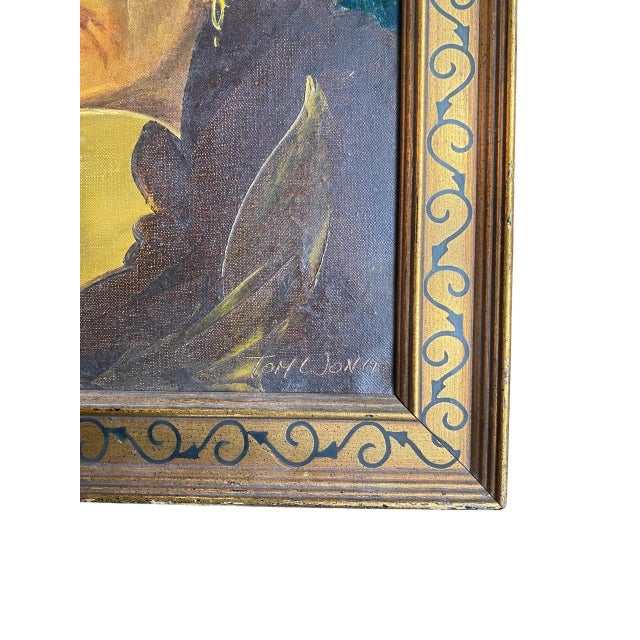 1950 Vintage Chinese Oil Painting on Board Portrait of a Woman in a Hat, Signed Tom Wong For Sale - Image 4 of 9