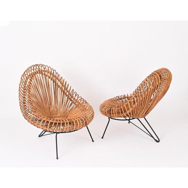 Wood Rattan Chairs, Pouf and Mirror attributed to Janine Abraham & Dirk Jan Rol, 1960s, Set of 4 For Sale - Image 7 of 18