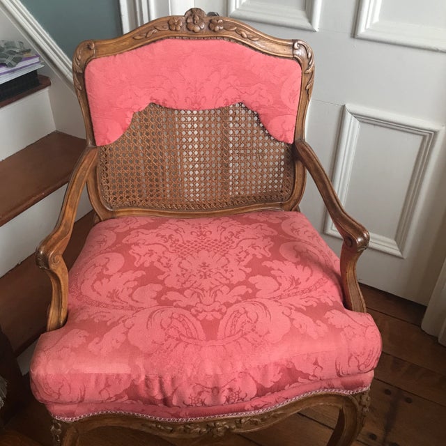French Vintage Mid Century French Caned and Upholstered Chair For Sale - Image 3 of 9