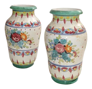 Marked Italy Pottery Hand Painted Ceramic Vases Mint Green Pottery Deruta - Two