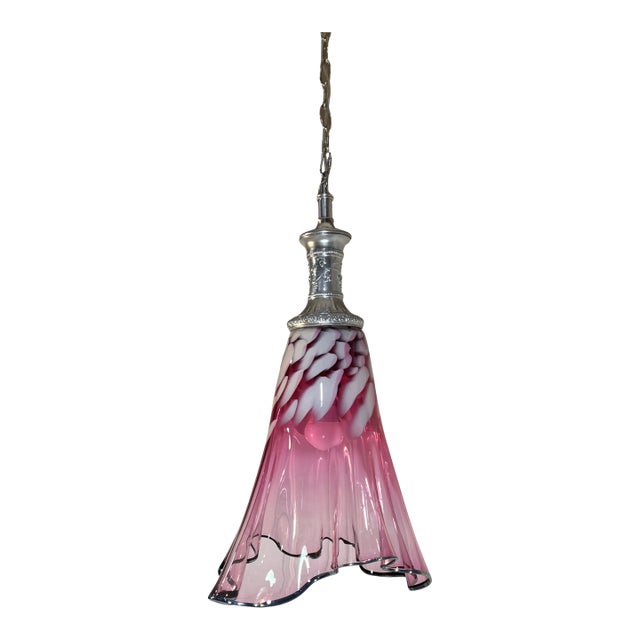 Large Fazzoletto Art Glass Raspberry Pink White Oval Pattern Pendant Light Signed For Sale