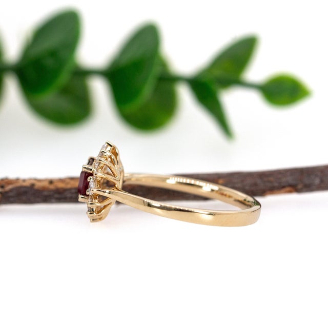 2020s 6x4mm Mozambique Ruby and Natural Diamond Ring in Solid 14k Yellow Gold, Size 6.75 For Sale - Image 5 of 7